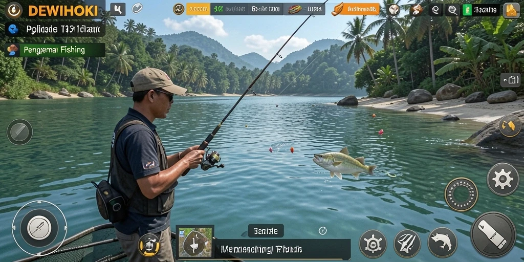 Screenshot gameplay DEWIHOKI menampilkan aksi memancing yang seru dan lingkungan yang menakjubkan.