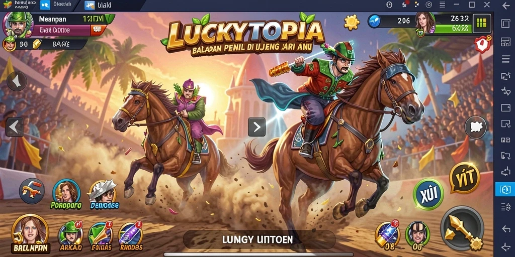 Gameplay mendebarkan LUCKYTOPIA dengan mobil balap cepat dan trek yang menantang.