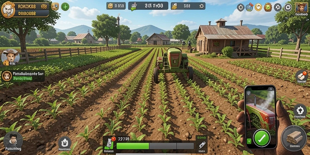 Tampilan gameplay ROKOK88 menampilkan aktivitas bertani yang menyenangkan.