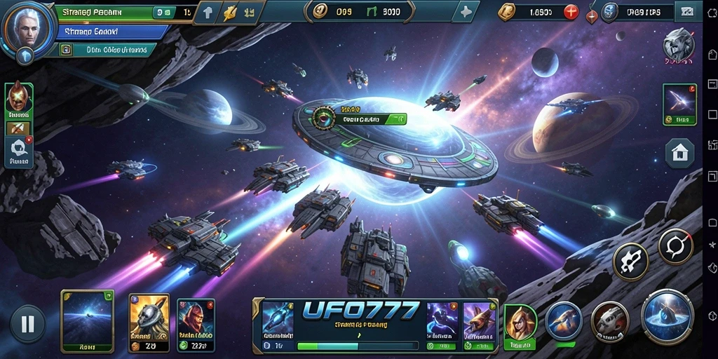 Tampilan gameplay dinamis di UFO777 dalam pertempuran galaksi.